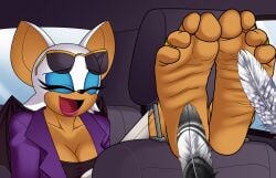 anthro bat bat_wings blue_eyeshadow breasts car car_seat cleavage clothed clothing cyborg-steve eyeshadow eyewear eyewear_on_head feathers feet female hi_res inside_car laugh makeup mammal membrane_(anatomy) membranous_wings open_mouth rouge_the_bat sega sonic_(series) sonic_the_hedgehog_(series) sunglasses sunglasses_on_head the_murder_of_sonic_the_hedgehog tickling tickling_feet vehicle wings