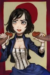 1girls 2boys bioshock bioshock_infinite black_hair blue_eyes bolero busty cleavage corset elizabeth_comstock faceless_male female female_focus handjob hourglass_figure mossa penis red_lipstick straight wide_hips