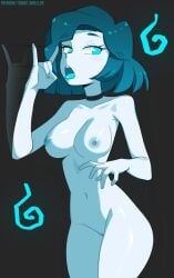 blowjob_gesture blue_body blue_eyes blue_hair blush breasts choker ghost ghost_girl jess_(tobias_wheller) looking_at_viewer naked navel nipples nude oc pussy tobias_wheller