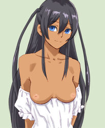 arms_behind_back bare_shoulders black_hair blue_eyes breasts captain_earth clothing dark-skinned_female dark_skin echonao199x female inverted_nipples long_hair mutou_hana nipples no_bra pointy_chin shirt_pull smile solo two_side_up