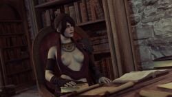 1girls 3d bluelight breasts breasts_out clothed dragon_age dragon_age_inquisition female female_only morrigan_(dragon_age) sitting solo solo_female teasing