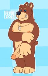 2024 3_toes 4_fingers anthro artist_logo banjo-kazooie banjo_(banjo-kazooie) bear bent_arm black_nose blue_background blue_eyes brown_body brown_fur brown_tail dekudog digital_drawing_(artwork) digital_media_(artwork) english_description erection eyebrows feet fingers flat_colors freckled_face freckles fur genitals hand_on_arm hi_res jewelry logo male male_anthro mammal mostly_nude_anthro mostly_nude_male necklace necklace_only nipples nude outline pecs penis pink_nipples rareware simple_background solo standing tail tan_body tan_eyebrows tan_fur tan_inner_ear tan_penis tan_skin toes tooth_necklace toothy_grin white_outline