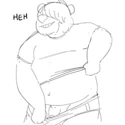 animated anthro bear briefs chubby clothed clothing dialogue english_text exhibitionism fur furry furry_only hair humanoid_penis male male_only mammal overweight penis shirt short_playtime showing smile solo text turborumpquest uncut underwear