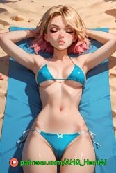 1girls ahq_hentai ai_generated beach bikini blonde_hair blush breasts cute gwen_stacy gwen_stacy_(spider-verse) medium_breasts patreon perfect_body sleeping spider-man_(series) spider-verse stable_diffusion wet