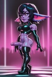 ai_generated balls black_hair elbow_gloves futanari high_heel_boots latex penis shortstack standing yordle