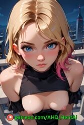 1girls ahq_hentai ai_generated balcony blonde_hair blush breasts cityscape cute dress exposed_breasts gwen_stacy gwen_stacy_(spider-verse) medium_breasts patreon perfect_body spider-man_(series) spider-verse stable_diffusion standing wet