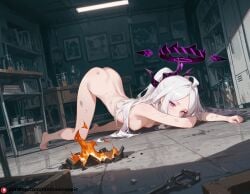 ai_generated ass ass_up blue_archive breasts cluttered_room dirty embarrassed feet fire halo hina_(blue_archive) horns laboratory nipples nude pink_eyes small_breasts toes top-down_bottom-up white_hair