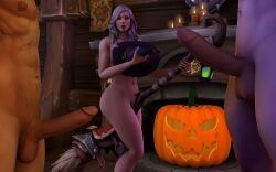 1girls 2boys 3d big_ass big_breasts big_penis blizzard_entertainment female halloween human human_(world_of_warcraft) ifarazon imminent_sex interspecies jack-o'-lantern light-skinned_female light-skinned_male light_skin morilane night_elf nude original_character purple_skin skaar thick_thighs voluptuous voluptuous_female warcraft white_hair witch_hat world_of_warcraft