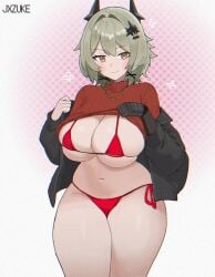 big_thighs bikini black_jacket blush bottomless caesar_king green_hair jxzuke looking_at_viewer massive_breasts red_bikini robotic_arm sweater_lift tomboy zenless_zone_zero