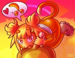 1boy 1girls anthro ass ball_sucking bloons_tower_defense erection female monkey monkey_girl orange_fur penis primate rosalia_(bloons_tower_defense) sucking_balls temporalvacancy