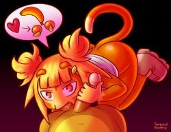 1boy 1girls anthro ass ball_sucking black_background bloons_tower_defense erection female monkey monkey_girl orange_fur penis primate rosalia_(bloons_tower_defense) simple_background sucking_balls temporalvacancy