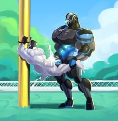 2boys bara big_pecs captain_(tankmen) cleatus_the_fox_sports_robot cumflation dymitr3 football football_helmet gay gay_sex huge_pecs inflation male male/male male_only robot