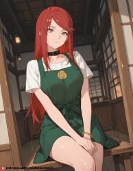 ai_generated apron bracelet collar despair dress green_apron grey_eyes hair_ornament hairclip jewelry large_breasts long_hair red_hair shirt short_sleeves sitting_with_leg_crossed swept_bangs uzumaki_kushina white_shirt