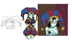 1girls 2023 blush_lines breasts_out collage cum cum_on_breasts cum_on_chest cum_on_face facial its_toma jester_hat jester_outfit looking_up more_at_source nervous pasties pomni pomni_(the_amazing_digital_circus) sketch the_amazing_digital_circus