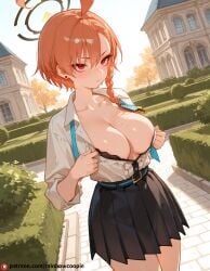 ai_generated beautfiul_background blue_archive botanical_garden breasts freckles halo huge_breasts neru_(blue_archive) orange_hair red_eyes