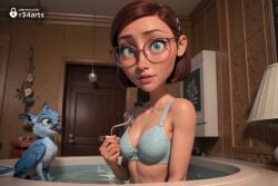 1girls 20th_century_fox 20th_century_studios ai_generated bathing bathroom bathtub blue_bra blue_eyes blue_sky_studios bra breasts brown_hair cleavage collarbone freckles glasses hair_ornament hairclip hi_res indoors linda_gunderson lips looking_at_viewer medium_breasts parted_lips partially_submerged r34arts rio_(series) round_eyewear short_hair small_breasts solo underwear underwear_only upper_body water