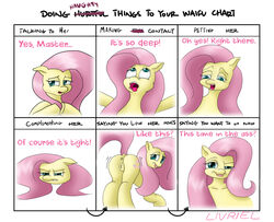 anal anal_invitation angry anus chart cutie_mark dialog equine feral fluttershy_(mlp) friendship_is_magic fur green_eyes hair horse livriel mammal my_little_pony open_mouth pegasus pink_hair presenting pussy sex smile text tongue tongue_out wings