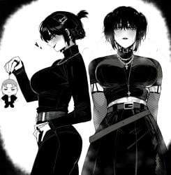 1girls attack_on_titan big_breasts black_and_white black_hair blush choker curvy_figure goth goth_girl goth_mikasa hair_ornament holding_object looking_at_viewer masoq095 mikasa_ackerman multiple_views shingeki_no_kyojin short_hair skirt twintails