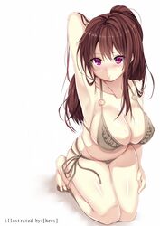 1girls arm_up armpits artist_name barefoot bikini blush breasts brown_bikini brown_hair cleavage collarbone female female_only hews_hack kneeling large_breasts long_hair original parted_lips ponytail purple_eyes side-tie_bikini simple_background solo swimsuit text tied_hair white_background