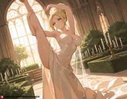 ai_generated blonde_hair blue_eyes breasts large_breasts standing_split wedding_dress white_dress