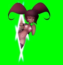 barbie_wire barbie_wire_(human) breasts chroma_key dark-skinned_female demon demon_girl disguise fkimnsfw green_background green_screen greenscreen helluva_boss looking_at_viewer middle_finger portal portal_ring solo solo_female twintails vivienne_medrano vivziepop