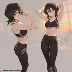 ai_generated crazy_smile kuchiki_rukia large_breasts model_sheet sports_bra stretching yoga_pants