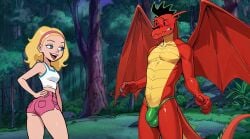 1boy 1girls aged_up american_dragon:_jake_long blonde_hair blonde_hair_female blue_eyes canon_couple couple disney disney_channel dragon dragon_humanoid dragon_tail dragon_wings jake_long pants rose_(huntsgirl) shirt shorts straight tagme teasing thong undieboi22