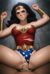 ai_generated annoyed annoyed_expression cum_in_pussy cum_inside looking_at_viewer missionary missionary_position missionary_sex novelai pov rape raped raped_by_friend ripped_clothing wonder_woman