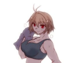 after_workout arcueid_brunestud big_breasts blonde_hair breasts enormous_breasts huge_breasts large_breasts looking_at_viewer melty_blood panting red_eyes short_hair smile steam steaming_body sweat sweatdrop sweating tank_top tententensan towel_on_head tsukihime type-moon upper_body