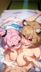 1boy 2025 2girls animal_ears arknights big_breasts blonde_hair boobjob breast_squeeze cat_ears catgirl ett hi_res kemonomimi kirara_(arknights) medium_breasts nipples paizuri pink_hair short_hair smile sucking_penis tentacle utage_(arknights) yuri yuri