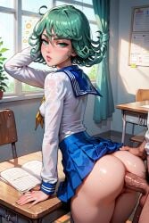 1boy 1girls ai_generated ai_hands anal anal_sex annoyed_expression ass blush book breasts classroom clothed_female_nude_male curly_hair curtains desk female from_behind green_eyes green_hair holding_book indoors long_sleeves looking_at_viewer male_pubic_hair miniskirt naughtygirlsai no_panties one-punch_man open_book penis penis_in_ass plant pubic_hair pussy sailor_collar school_desk school_uniform see-through serafuku sex shirt short_hair skinny skirt small_breasts solo solo_focus straight tatsumaki thighhighs uncensored wet window