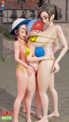 3d 3girls barefoot big_breasts big_thighs bikini breasts busty female female_only glasses gold_bikini head_between_breasts huge_breasts huge_thighs juliana_(pokemon) large_breasts large_thighs mature_female milf misterorzo mother_(pokemon_sv) nintendo penny_(pokemon) pokemon swimsuit thick_thighs thighs voluptuous