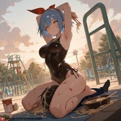 ai_generated armpit_hair armpits blue_hair cassette chopsticks disgaea facesitting hairy_armpits large_breasts noodles playground pleinair shy sky wounded yellow_eyes