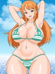 bikini breasts large_breasts naitousei_555 nami nami_(one_piece) one_piece pubic_hair pubic_hair_peek swimsuit tagme thick_thighs thighs