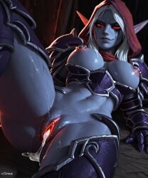 ai_generated armor artas9972 cum cum_in_pussy cum_in_pussy cum_inside elf elf_ears elf_female hood large_breasts nipple_piercing red_eyes sylvanas_windrunner warcraft world_of_warcraft