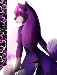 2013 abstract_background anthro canine clothed clothes female fur furry looking_at_viewer looking_back mammal purple_hair skimpy topless undressing wolflady