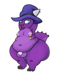 2025 anthro areola ass balls big_butt biped chubby_tail clothing cookie-pone digital_media_(artwork) flaccid front_view genitals hat hat_only headgear headgear_only headwear headwear_only hi_res huge_butt huge_hips kobold male moobs mostly_nude nipple_piercing nipples overweight overweight_anthro overweight_male penis piercing purple_body purple_scales scales scalie slightly_chubby slightly_chubby_anthro slightly_chubby_male small_penis smile solo standing stretching tail wide_hips wizard_hat