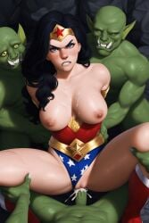 ai_generated annoyed annoyed_expression cum cum_in_pussy cum_inside cum_on_breasts defeated defeated_heroine exposed_breasts goblin goblin_rape goblins legs_held_open legs_held_up legs_up novelai rape raped raped_by_monster wonder_woman