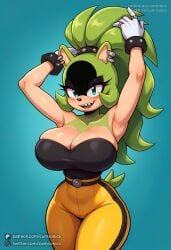 animal_ears arm_up armpits arms_behind_head artist_name bare_shoulders big_hair blue_eyes blush breasts choker collarbone cumsonics female furry furry_female gloves green_eyes green_hair huge_breasts large_breasts long_hair looking_at_viewer metadata_request model_request non-web_source open_mouth patreon_username ponytail simple_background smile solo sonic_(series) standing surge_the_tenrec tail teeth thick_thighs thighs twitter_username watermark web_address white_gloves