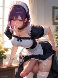 1futa :o absurd_res ai_generated amiiari annie_(amiiari) bent_over big_breasts big_penis black_thighhighs casual detailed dickgirl embarrassed erect_penis erection futa_only futanari garter_belt garter_straps highres huge_cock large_penis long_penis maid maid_uniform massive_penis penis penis_to_the_knees pink_eyes precum precum_drip purple_hair skindentation standing thighhighs