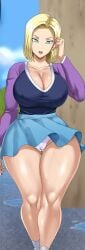 1girls android_18 android_18_(pinkpawg) big_breasts blonde_hair blue_eyes blue_skirt breasts cameltoe cleavage curvy curvy_body curvy_milf curvy_woman dragon_ball dragon_ball_super female female_focus female_only fixing_hair goddess_body huge_breasts huge_thighs large_breasts long_sleeves milf miniskirt open_mouth panchira panchira_(standing) panties pantyshot pantyshot_(standing) pinkpawg pleated_skirt purple_panties purple_sleeves raglan_sleeves sexy_clothing sexy_dress sexy_milf sexy_skirt short_hair skirt_lift socks source_request standing talking thick_thighs titties upskirt voluptuous white_socks wide_hips wind_lift wind_lift_dress wind_lift_skirt