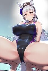 ai_generated animal_ears breasts crotch female groin horse_girl long_hair looking_down_at_viewer multicolored_hair purple_eyes swimsuit symboli_rudolf_(umamusume) umamusume umamusume_pretty_derby