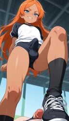 1boy ai_generated blue_eyes bulge dark_skin dominant erection femboy foot_fetish foot_focus foot_play foot_worship footwear from_below large_penis male orange_hair original original_character original_characters otoko_no_ko penis penis_bulge smile smirk stomp stomping trap