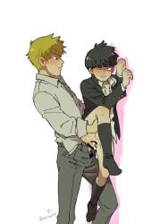 against_wall age_difference anal_sex arataka_reigen blush blush censored_penis clothed_sex holding kneehighs lifting_person mob_psycho_100 older_penetrating_younger partially_clothed shigeo_kageyama size_difference socks sweat sweating yaoi