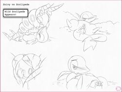 arthropod blush english_text female gameplay_mechanics harumi insects nintendo pokemon pokemon_(species) pokemon_battle pussy pussy_juice scolipede snivy text video_games