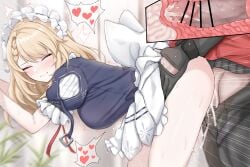 1boy absurdres bar_censor black_gloves blonde_hair blue_dress blush bottomless breasts censored clenched_teeth closed_eyes clothes_lift commander_(girls'_frontline) commentary cross_section cum cum_overflow daram_(shappydude) doggy_style dress dress_lift female from_side g36_(girls'_frontline) girls'_frontline girls'_frontline_2:_exilium gloves heart highres indoors internal_cumshot large_breasts large_variant_set long_hair maid_headdress penis sex standing standing_sex teeth testicles trembling variant_set