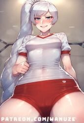 ai_generated blue_eyes blush gym gym_uniform rwby scar small_breasts smile standing wanuze weiss_schnee white_hair wide_hips