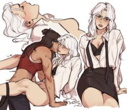 alternate_costume beidou_(genshin_impact) blush bra brown_hair burgyy closed_eyes exposed_breasts genshin_impact glasses implied_oral lipstick lipstick_mark ningguang_(genshin_impact) open_shirt panties panties_around_leg partially_clothed pencil_skirt penetration tie white_hair yuri