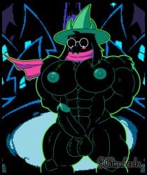 abs absurd_res anthro balls biceps big_balls big_penis black_body black_fur blush bodily_fluids bovid caprine ch4mm0zotz clothing deltarune embarrassed erection eyewear fur genital_fluids genitals glans glasses goat green_glans green_nipples hands_behind_back hat headgear headwear hi_res horn long_ears looking_down male mammal muscular nipples nude pecs penis precum ralsei scarf solo thick_thighs tuft undertale_(series)