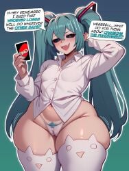 ai_generated bare_thighs black_eyes blue_hair el_memc hairy_pussy hatsune_miku huge_thighs light-skinned_female light_skin long_hair looking_at_viewer memch0 mesugaki_miku mimukauwa_nice_try_(vocaloid) only_shirt panties pubes_exposed pussy_visible_through_panties shortstack small_breasts smiling solo_female squatting stockings sweat sweatdrop thick_body thick_female thick_thighs thighs thighs_bigger_than_head twintails uno_(game) very_long_hair vocaloid voluptuous voluptuous_female white_pupils